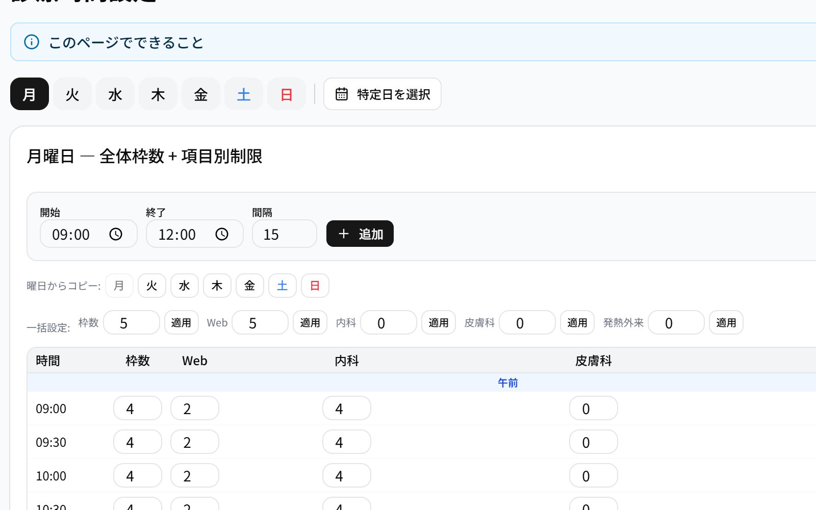 診療時間設定: 曜日ごとの時間帯・枠数・Web の上限・項目別の上限